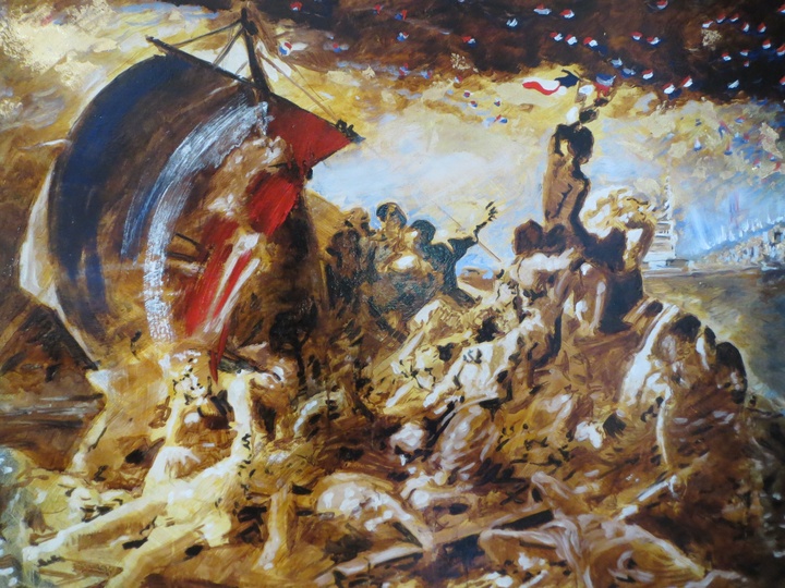 “France Amérique Dream”, les Français s’échouant à Manhattan : une réinterprétation récente du Radeau de la Méduse par le peintre français Geff Strik.
